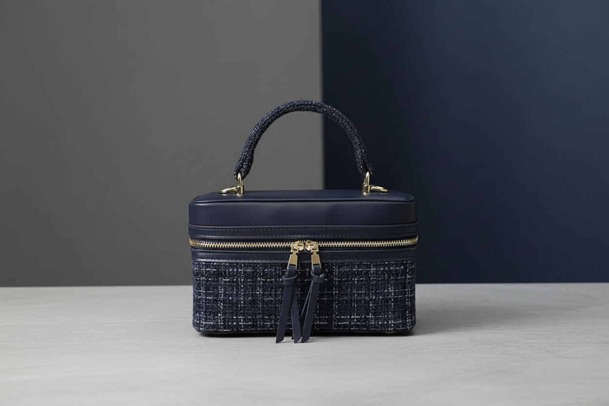 Hero Image - Navy Blue Tweed Mini Box Bag