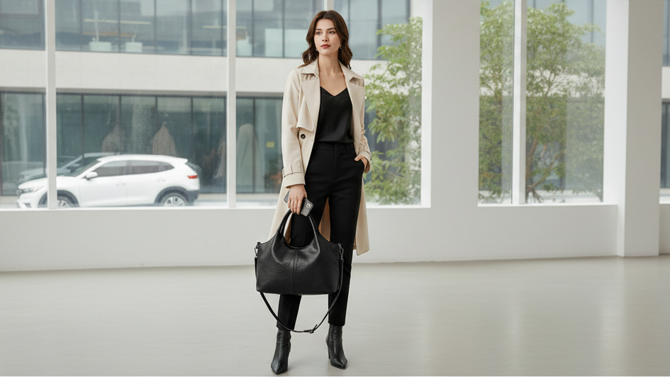 Woman with black tote bag - landscape format