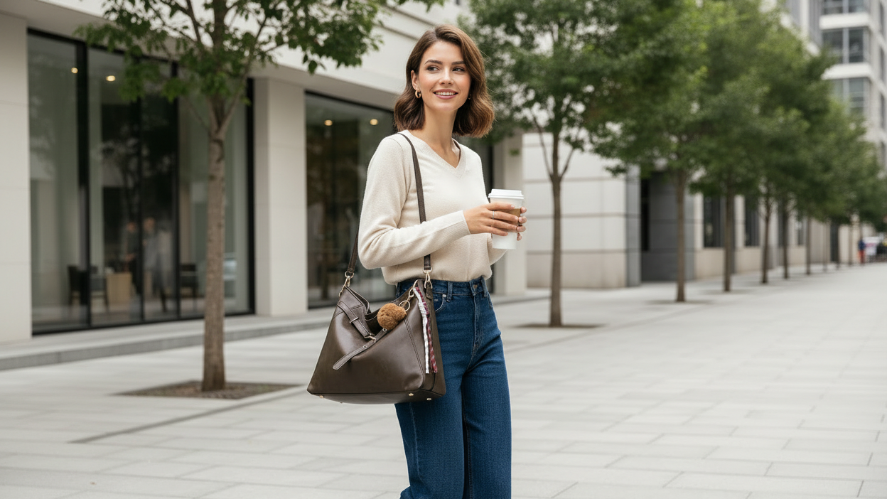 Woman with olive hobo bag